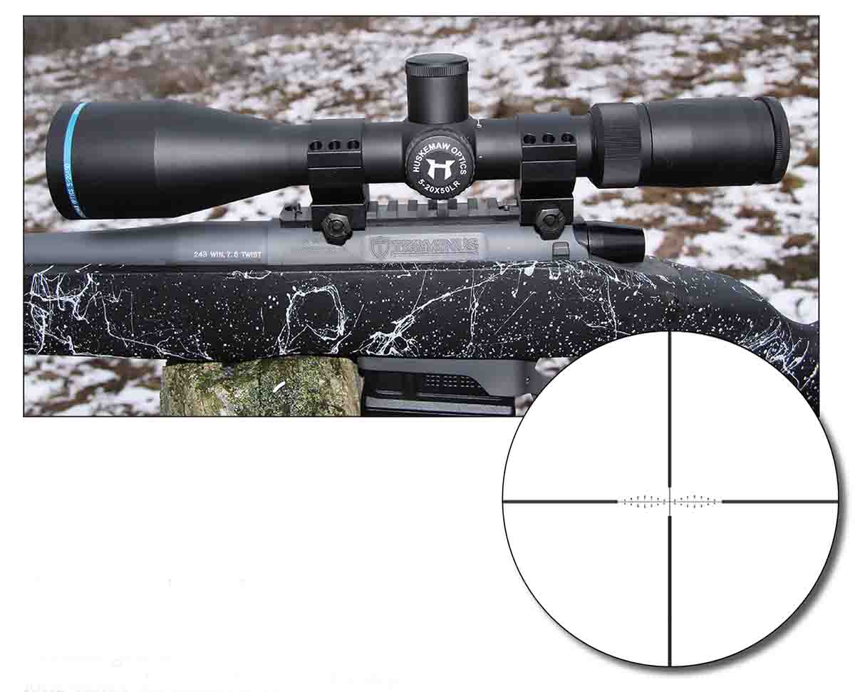 Huskemaw’s patented HuntSmart ReticleTM wind compensation and TrueBC Rapid Field Ballistic Compensator (RFBC) dual-stack interlocking turrets make long-range shooting in the field accessible to any hunter. Right, the Huskemaw Blue Diamond reticle.